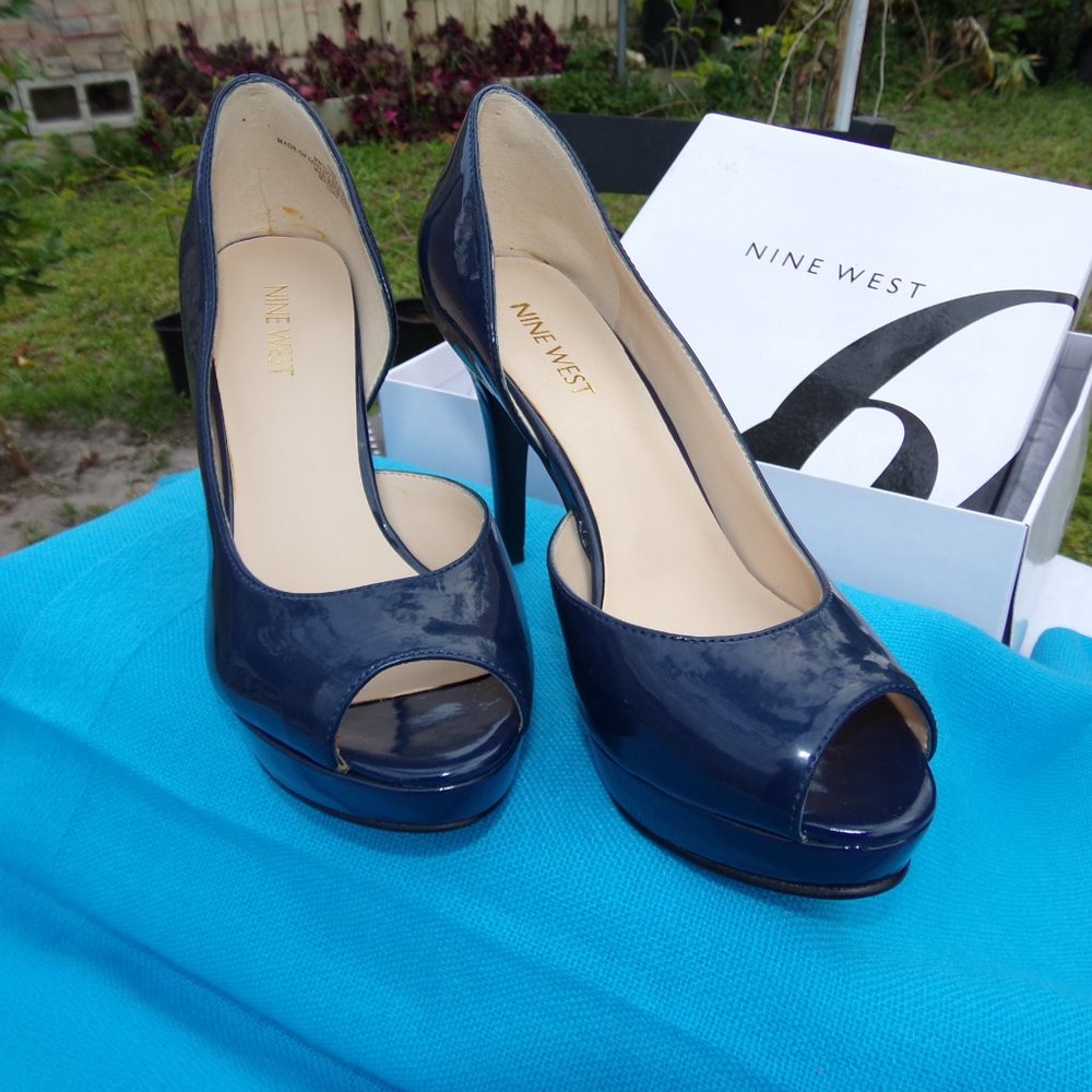 Nine West  High Heels Peep Toe Stiletto  Size 6.5  Navy Blue Patent